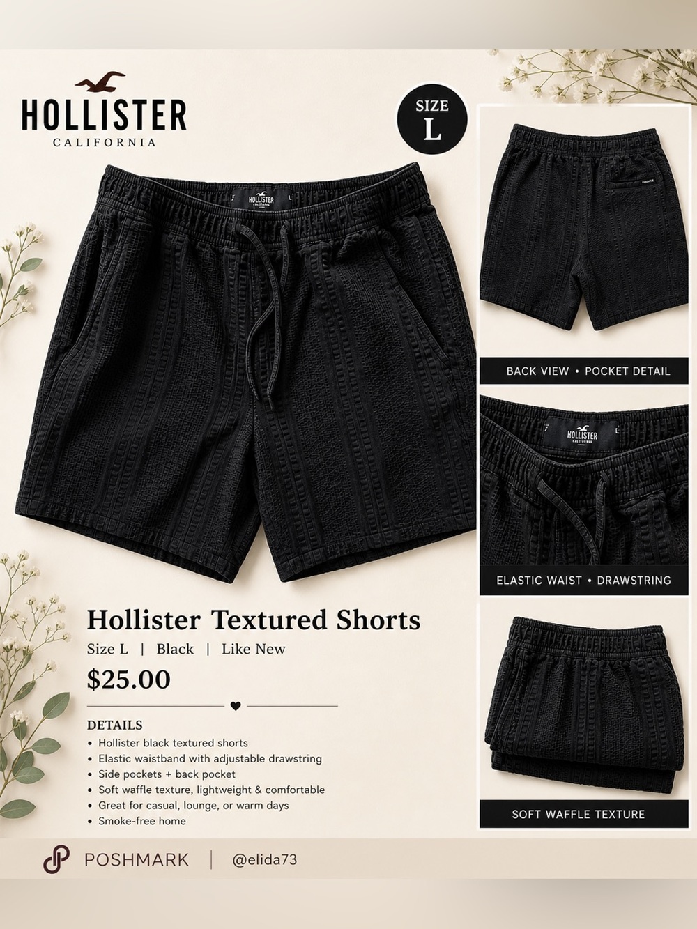 Hollister Black Textured Waffle Pull-On Shorts